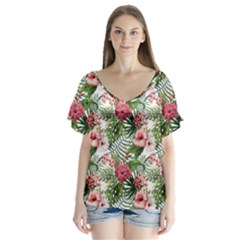 Monstera Flowers Pattern V-neck Flutter Sleeve Top by goljakoff