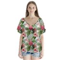 Monstera flowers pattern V-Neck Flutter Sleeve Top View1