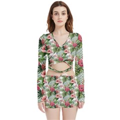 Monstera Flowers Pattern Velvet Wrap Crop Top And Shorts Set by goljakoff