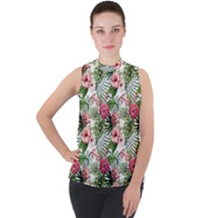 Monstera Flowers Pattern Mock Neck Chiffon Sleeveless Top by goljakoff