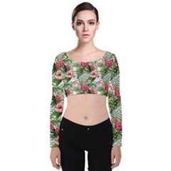 Monstera Flowers Pattern Velvet Long Sleeve Crop Top by goljakoff