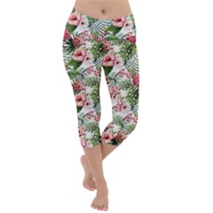 Monstera Flowers Pattern Lightweight Velour Capri Yoga Leggings by goljakoff