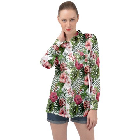 Monstera Flowers Pattern Long Sleeve Satin Shirt by goljakoff