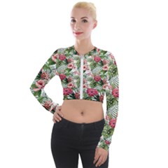 Monstera Flowers Pattern Long Sleeve Cropped Velvet Jacket by goljakoff