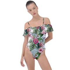 Monstera Flowers Pattern Frill Detail One Piece Swimsuit by goljakoff