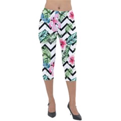 Zigzag Flowers Lightweight Velour Capri Leggings  by goljakoff