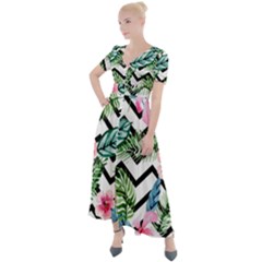 Zigzag Flowers Button Up Short Sleeve Maxi Dress