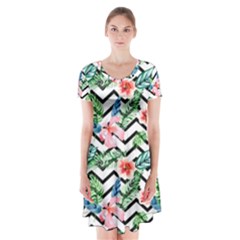 Zigzag Flowers Pattern Short Sleeve V-neck Flare Dress by goljakoff