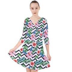 Zigzag Flowers Pattern Quarter Sleeve Front Wrap Dress by goljakoff