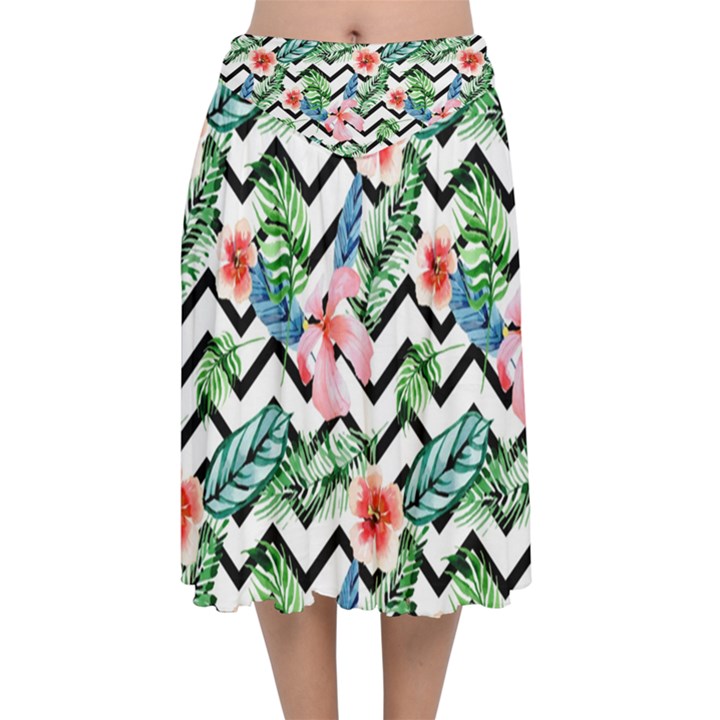 Zigzag flowers pattern Velvet Flared Midi Skirt