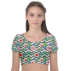 Zigzag Flowers Pattern Velvet Short Sleeve Crop Top  by goljakoff