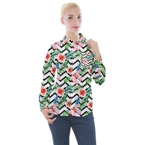 Zigzag Flowers Pattern Women s Long Sleeve Pocket Shirt by goljakoff