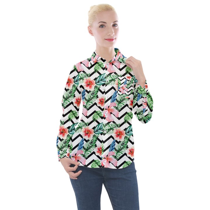 Zigzag flowers pattern Women s Long Sleeve Pocket Shirt