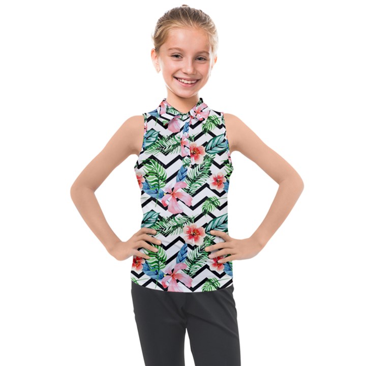 Zigzag flowers pattern Kids  Sleeveless Polo Tee