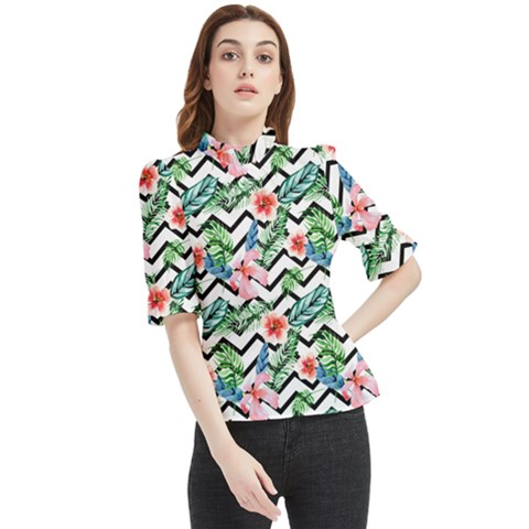 Zigzag Flowers Pattern Frill Neck Blouse by goljakoff