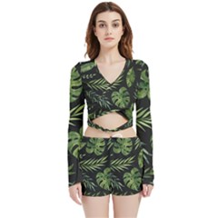 Green Leaves Velvet Wrap Crop Top And Shorts Set by goljakoff