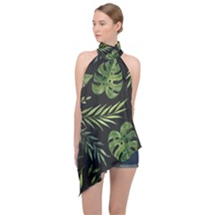 Green Leaves Halter Asymmetric Satin Top by goljakoff