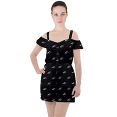 Formula One Black And White Graphic Pattern Ruffle Cut Out Chiffon Playsuit by dflcprintsclothing