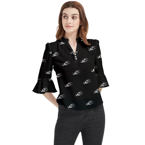 Formula One Black And White Graphic Pattern Loose Horn Sleeve Chiffon Blouse by dflcprintsclothing