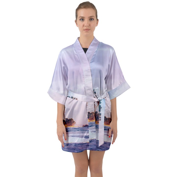 Seascape Half Sleeve Satin Kimono 