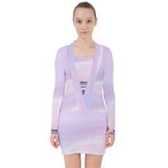 Seascape Sunset V-neck Bodycon Long Sleeve Dress by goljakoff