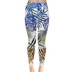 Blue And Yellow Tropical Leaves Leggings  by goljakoff