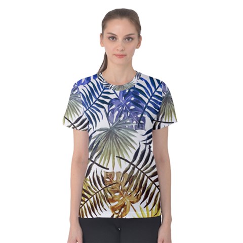 Blue And Yellow Tropical Leaves Women s Cotton Tee by goljakoff