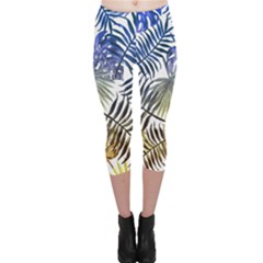 Blue And Yellow Tropical Leaves Capri Leggings  by goljakoff