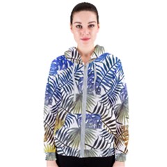 Blue And Yellow Tropical Leaves Women s Zipper Hoodie by goljakoff