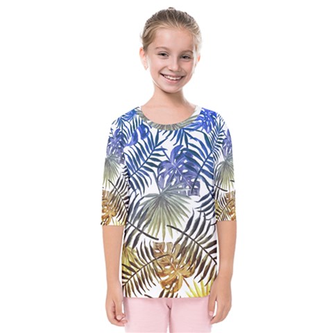 Blue And Yellow Tropical Leaves Kids  Quarter Sleeve Raglan Tee by goljakoff