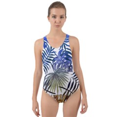 Blue And Yellow Tropical Leaves Cut-out Back One Piece Swimsuit