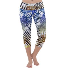 Blue And Yellow Tropical Leaves Capri Yoga Leggings by goljakoff