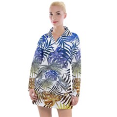 Blue And Yellow Tropical Leaves Women s Long Sleeve Casual Dress by goljakoff