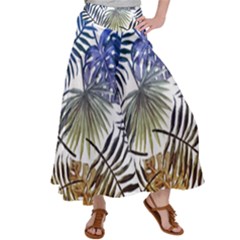 Blue And Yellow Tropical Leaves Satin Palazzo Pants by goljakoff