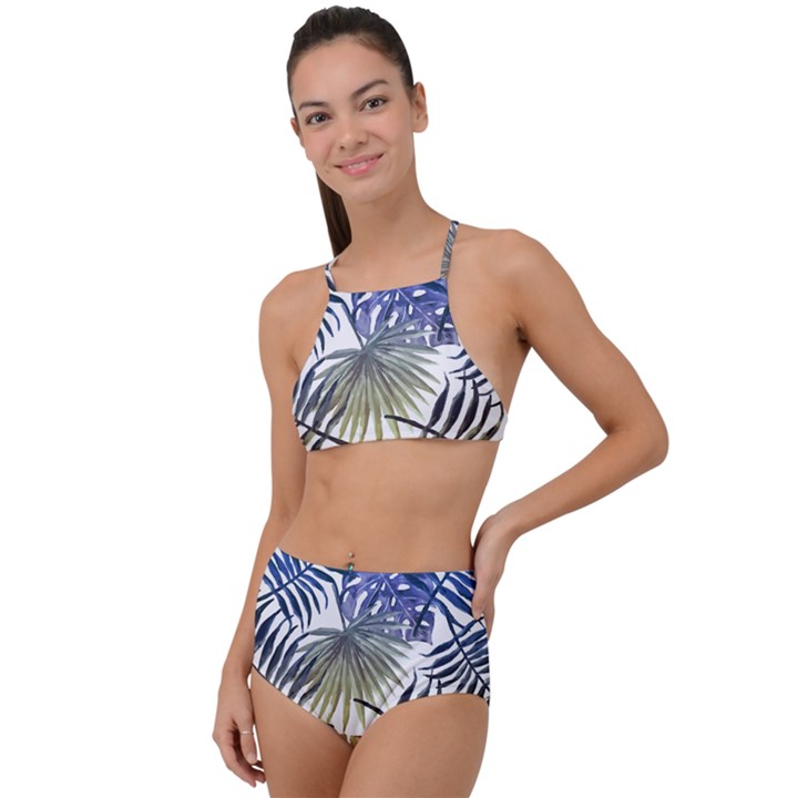 Blue and yellow tropical leaves High Waist Tankini Set