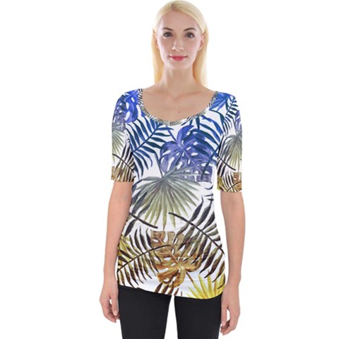 Blue And Yellow Tropical Leaves Wide Neckline Tee by goljakoff