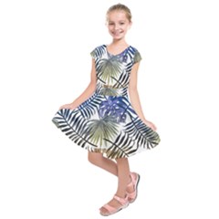 Blue And Yellow Tropical Leaves Kids  Short Sleeve Dress by goljakoff