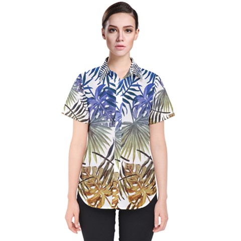 Blue And Yellow Tropical Leaves Women s Short Sleeve Shirt by goljakoff