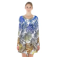 Blue And Yellow Tropical Leaves Long Sleeve Velvet V-neck Dress by goljakoff