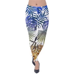 Blue And Yellow Tropical Leaves Velvet Leggings by goljakoff