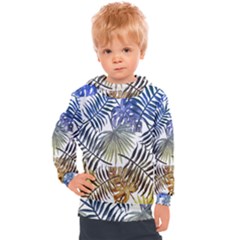 Blue And Yellow Tropical Leaves Kids  Hooded Pullover by goljakoff