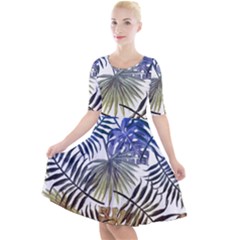 Blue And Yellow Tropical Leaves Quarter Sleeve A-line Dress by goljakoff