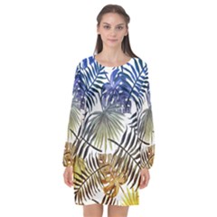 Blue And Yellow Tropical Leaves Long Sleeve Chiffon Shift Dress  by goljakoff