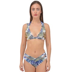 Blue And Yellow Tropical Leaves Double Strap Halter Bikini Set by goljakoff