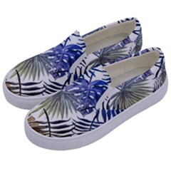 Blue And Yellow Tropical Leaves Kids  Canvas Slip Ons by goljakoff