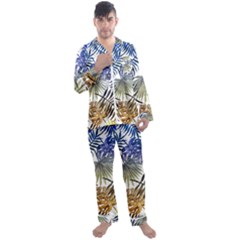 Blue And Yellow Tropical Leaves Men s Long Sleeve Satin Pyjamas Set by goljakoff