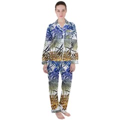 Blue And Yellow Tropical Leaves Satin Long Sleeve Pyjamas Set by goljakoff