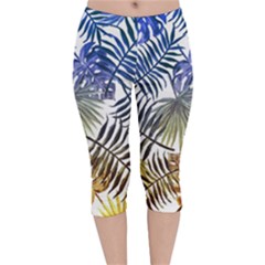 Blue And Yellow Tropical Leaves Velvet Capri Leggings  by goljakoff