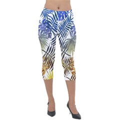 Blue And Yellow Tropical Leaves Lightweight Velour Capri Leggings  by goljakoff