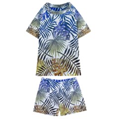 Blue And Yellow Tropical Leaves Kids  Swim Tee And Shorts Set by goljakoff